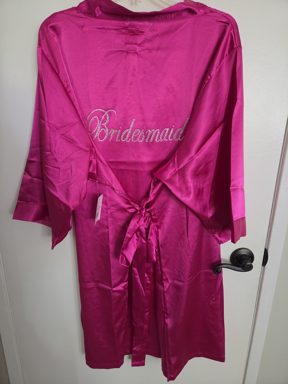 David's Bridal Hot Pink Satin Bridesmaid Robe with Rhinestone Script